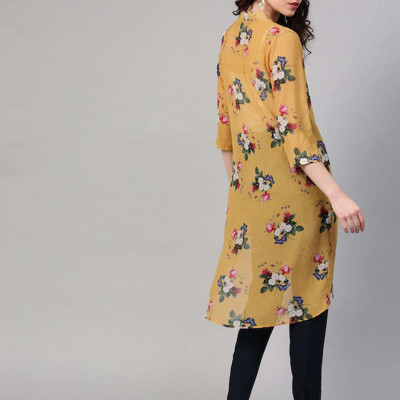 Mustard Yellow & Pink Floral Print Open Front Shrug